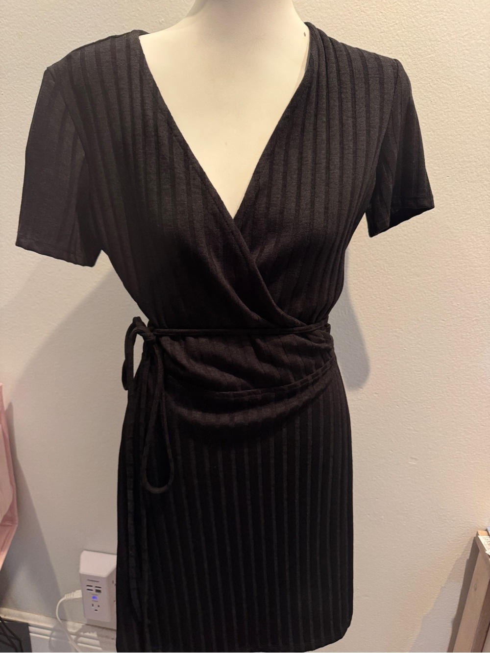 Zara Black Ribbed Wrap Mini Dress with Tie